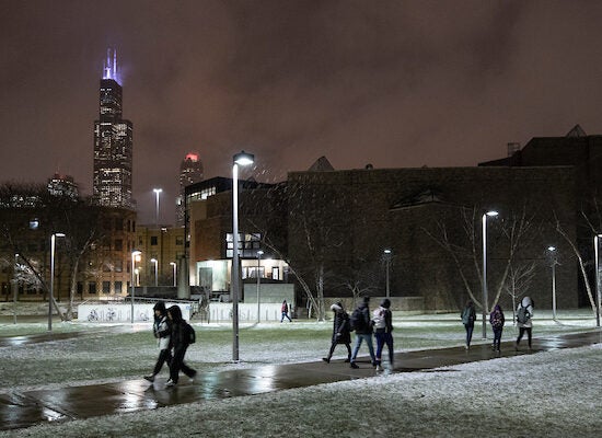 Students on campus at night