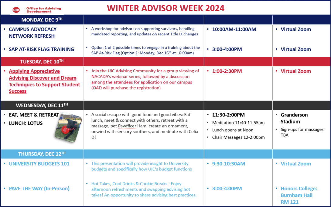 Graphic Flyer of Advisor Week Schedule